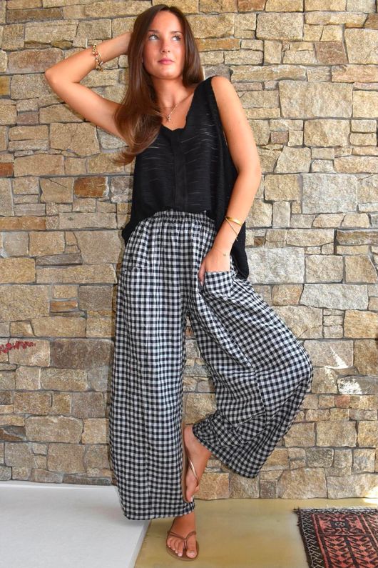 Nonni Gingham Relaxed Barrel Pant Black Grey